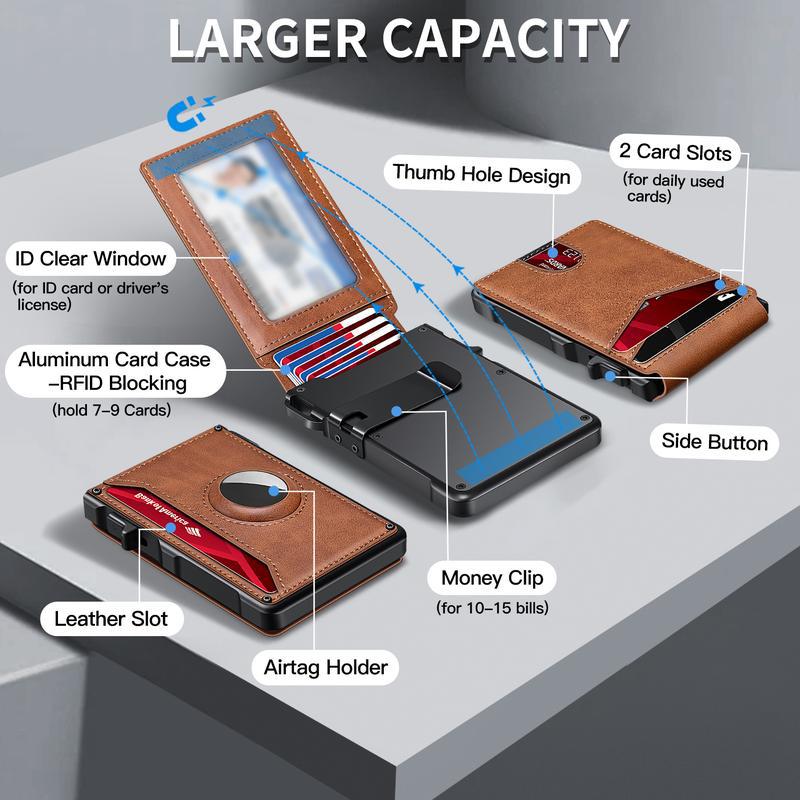 ✨Wallet for Men - with Pop Up Aluminum Case Money Clip Slim Leather Slots Credit Card Holder RFID Blocking Bifold Minimalist Wallet