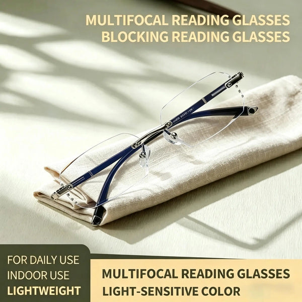 Diamond Edge Frameless Glasses – Blue Light Blocking Clear Readers for Men & Women. Lightweight Metal Temple Decor, Ideal for Gaming, Office, or Street Style.